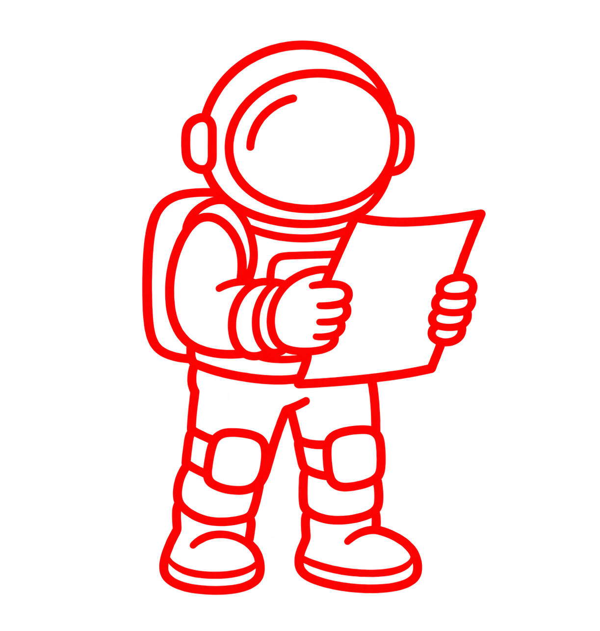 Red outline astronaut reviewing a print file