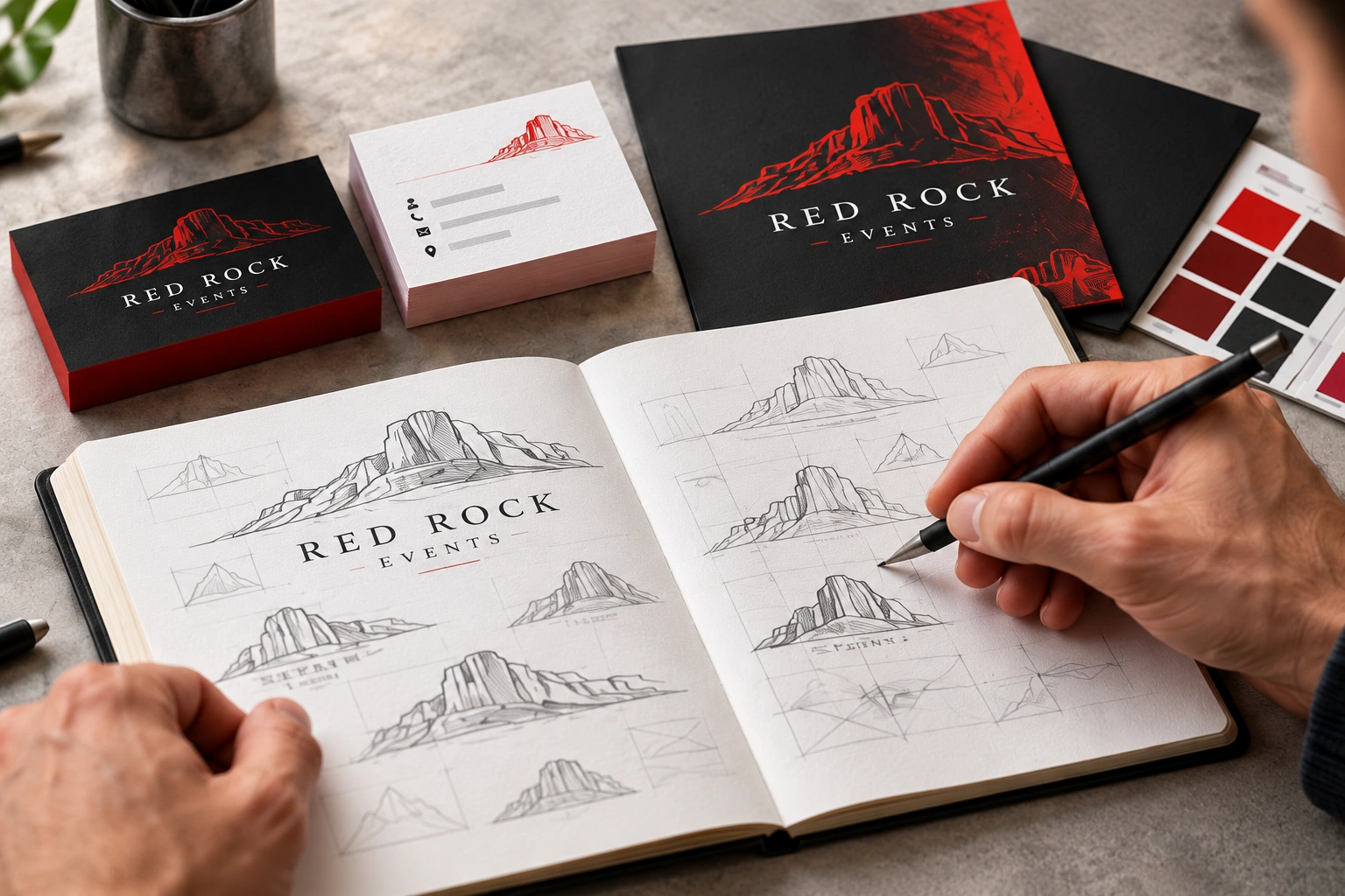 Illustrative design concept: sketching a Red Rock Events logo beside coordinated printed samples