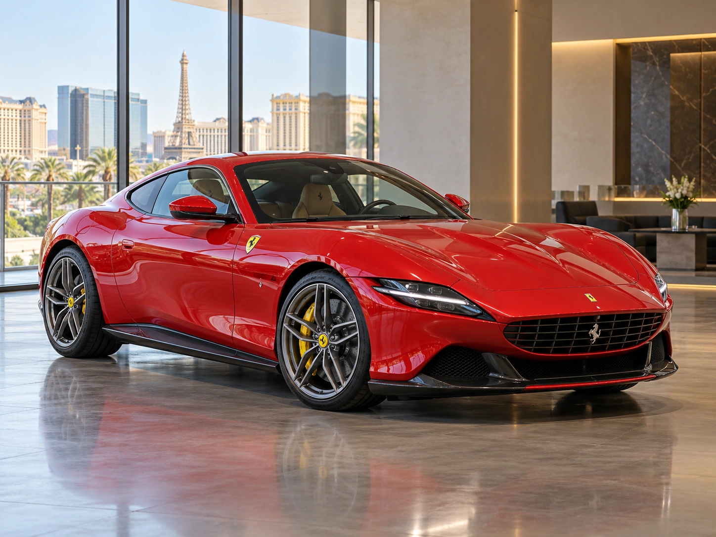 Illustrative red Ferrari sports car in a luxury Las Vegas showroom