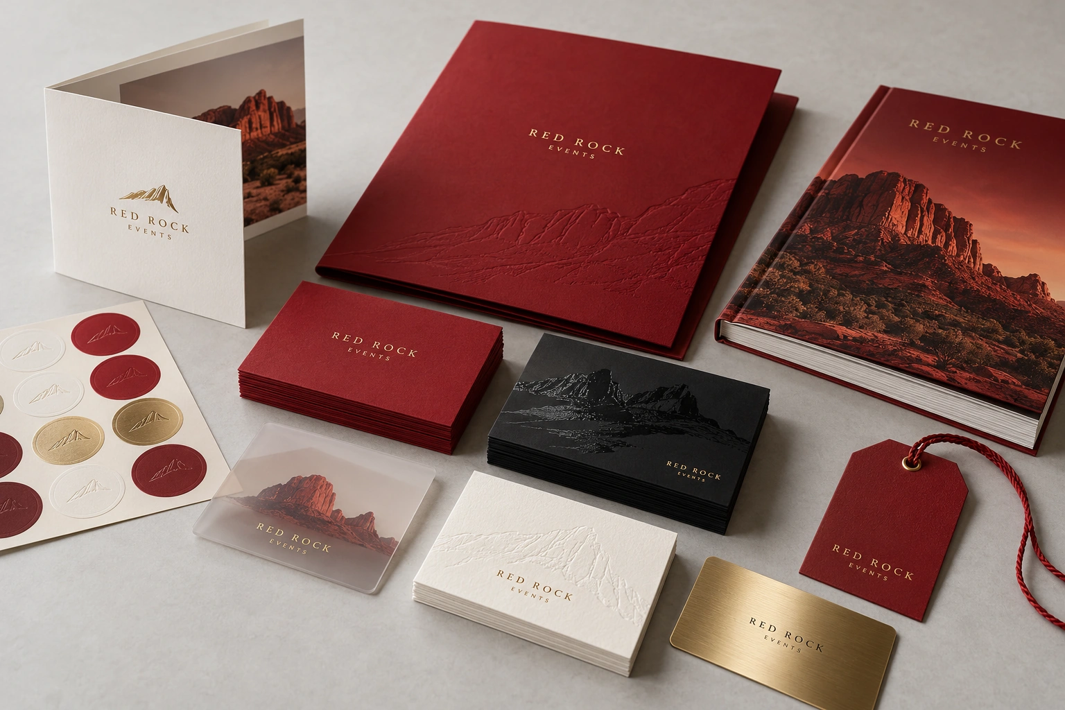 Illustrative Red Rock Events luxury collection with foil cards, frosted plastic, embossed paper, metal card, folder and catalog