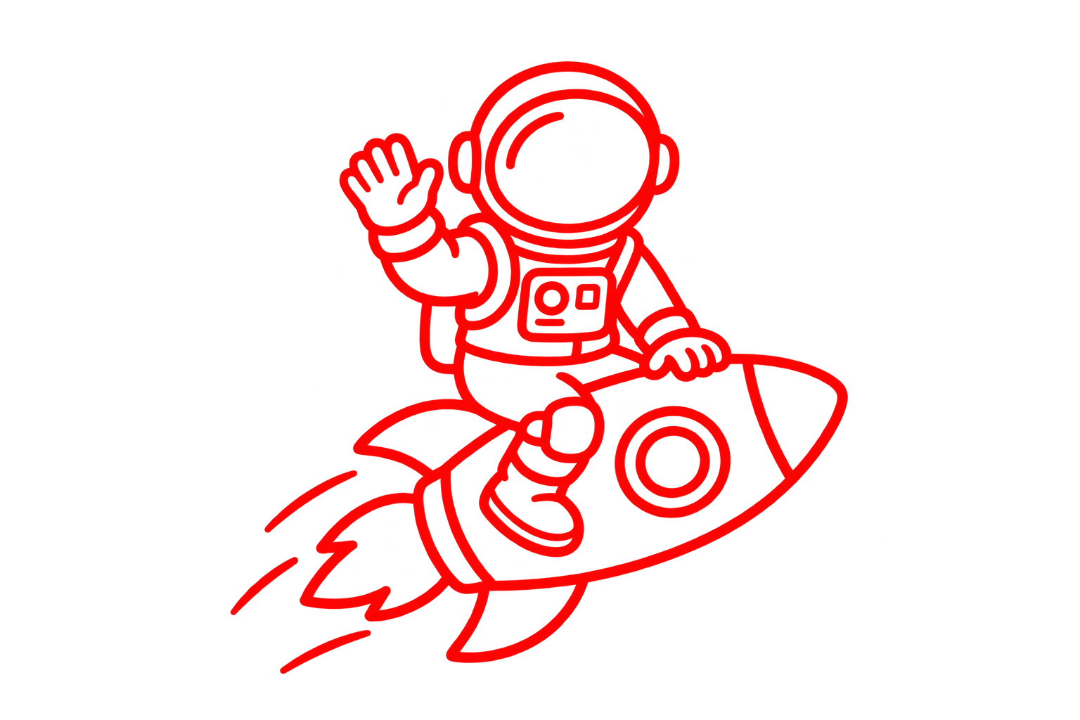 Red outline astronaut riding a rocket